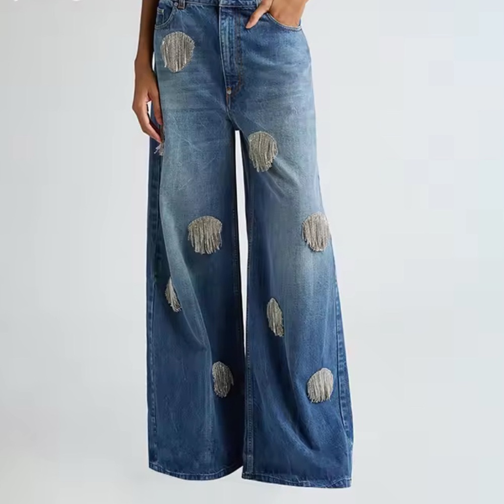 NEW $185 Diamond Fringe Wide-Leg Blue Jeans with Silver Dangle Accents